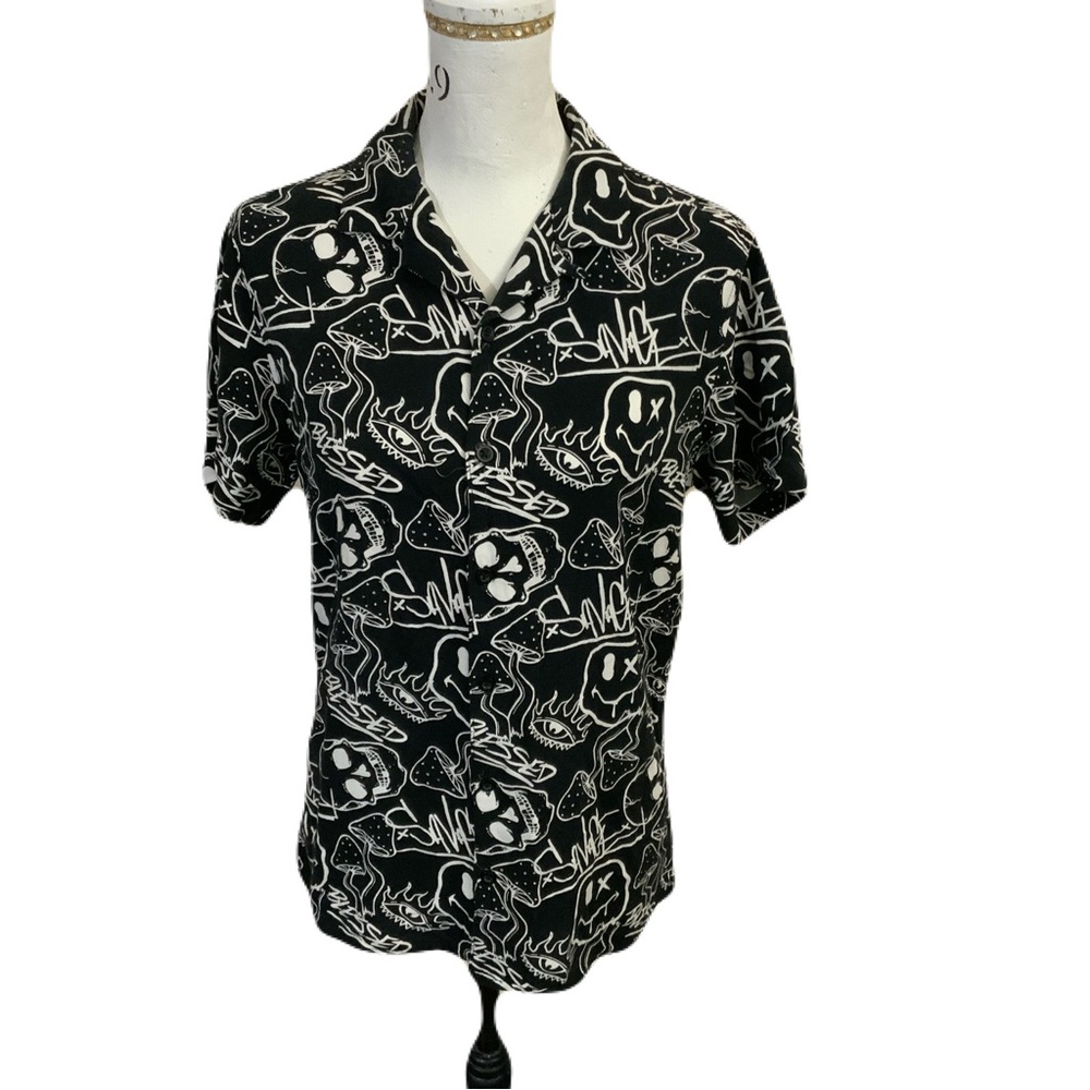 Black Graphic Short-Sleeve Camp Collar Polo